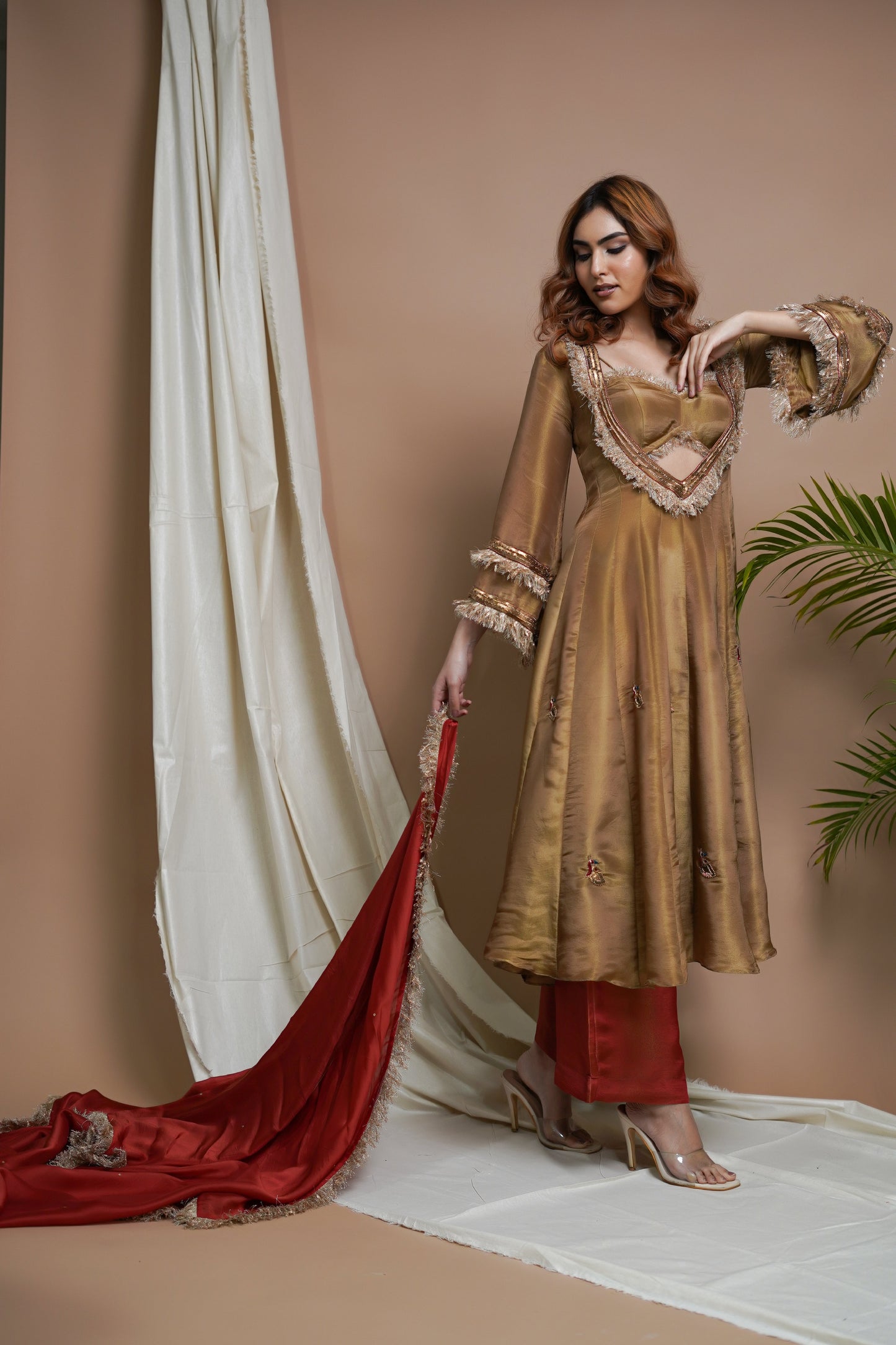 GOLDEN TISSUE SILK ANARKALI SUIT SET  (SET OF 4)