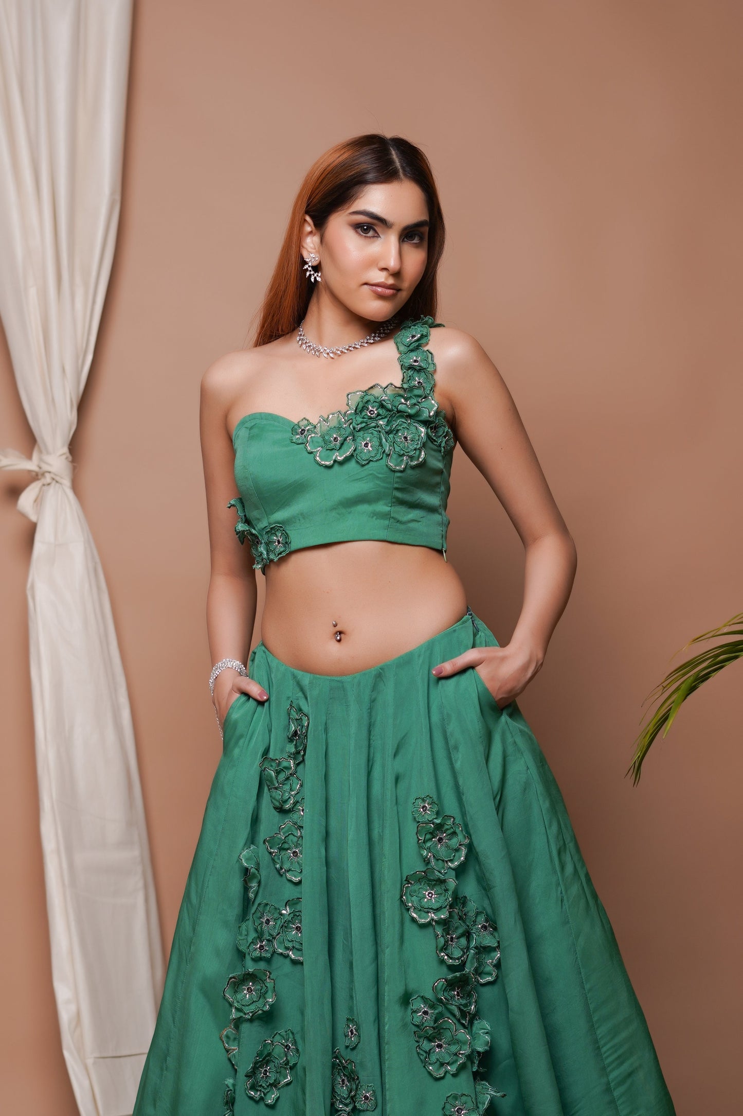 BRIGHT GREEN 3-D ORGANZA INDO LEHENGA SET (SET OF 2)