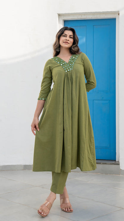 Olive Green Mirror Embroidered Kurta In Cotton