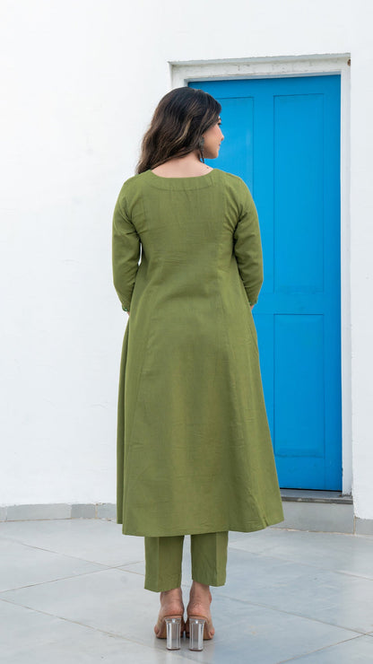 Olive Green Mirror Embroidered Kurta In Cotton