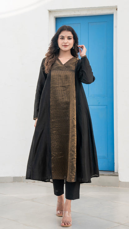 Wamiqa - Black Golden Tissue Chanderi Anarkali Kurta Set