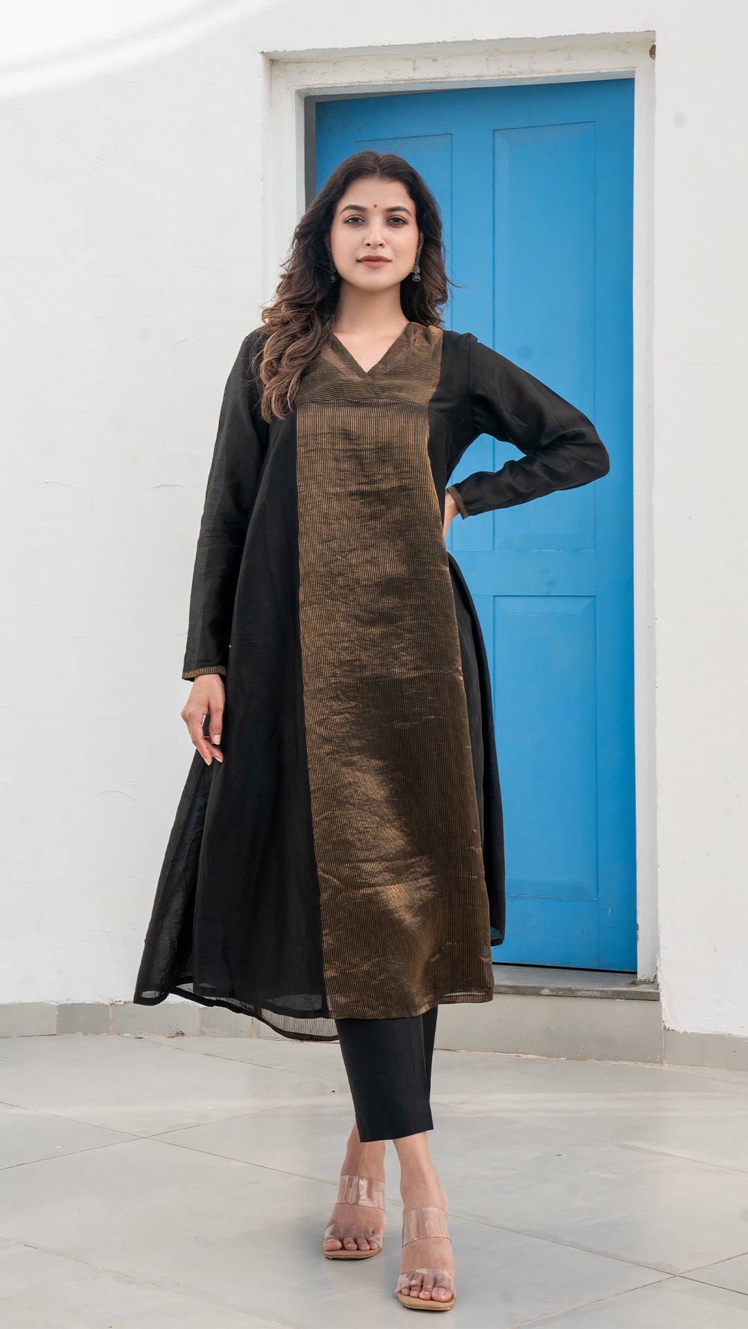 Wamiqa - Black Golden Tissue Chanderi Anarkali Kurta Set