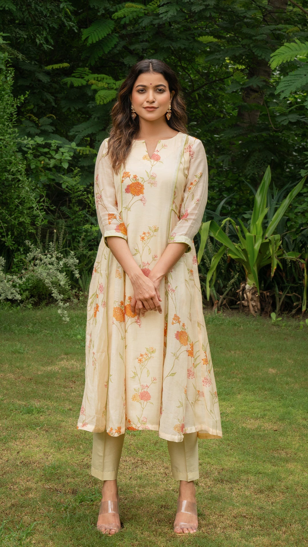 Kim Floral Jaal Chanderi Kali Kurta Set - Beige