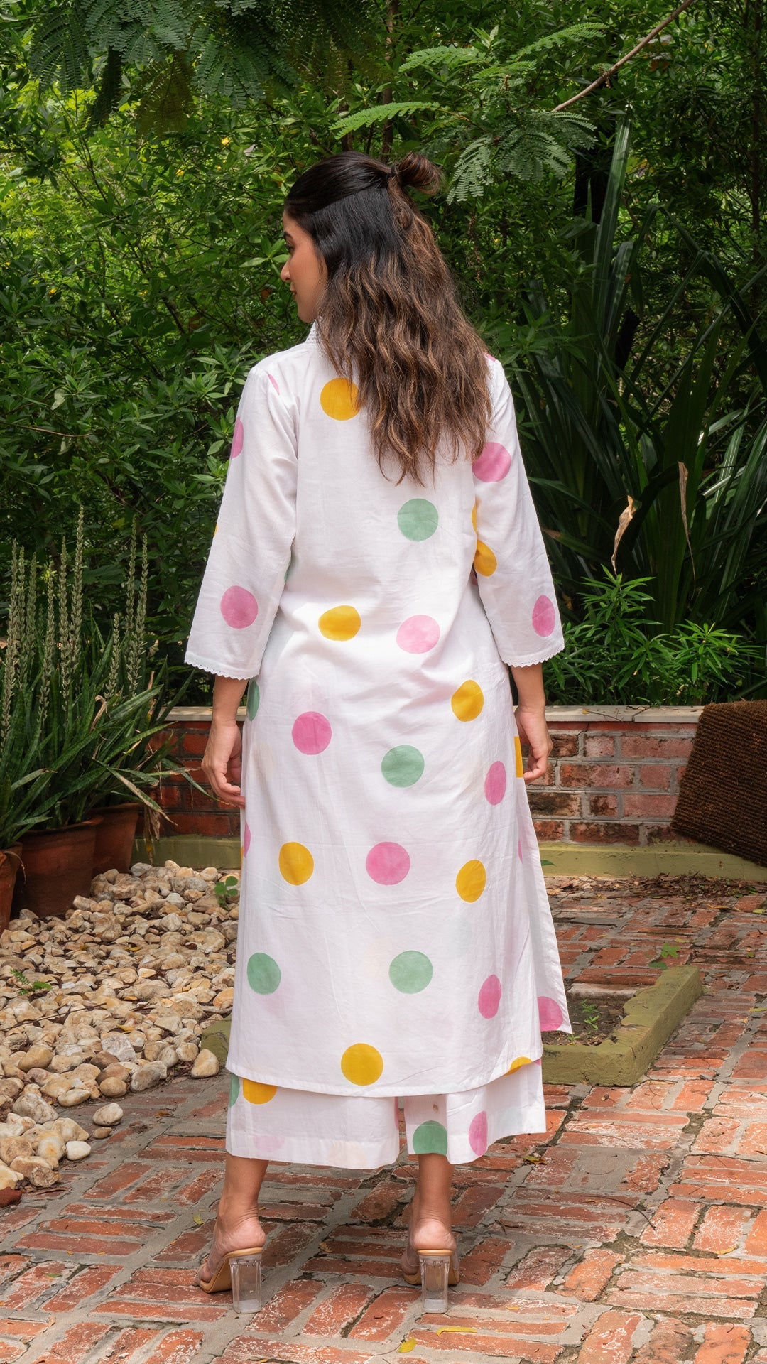 Multi Colour Polka Dots In White Hand Block Cotton Kurta