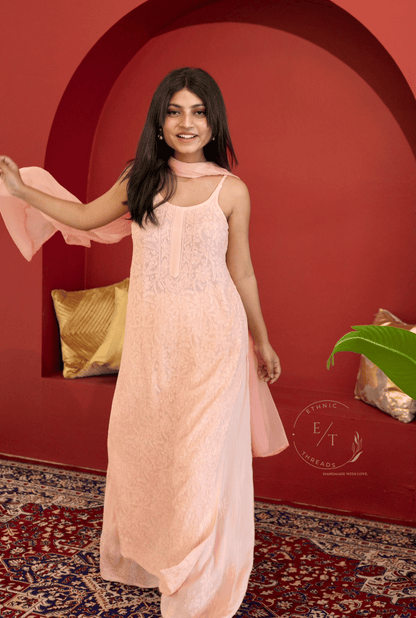 Riva Chikankari noodle strap long kurti in Peach