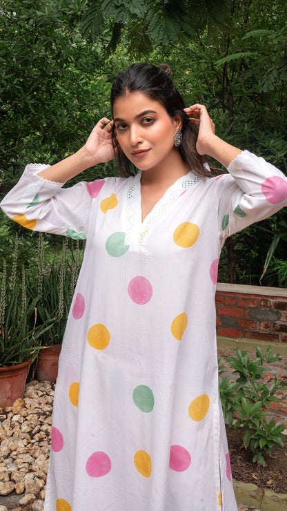 Multi Colour Polka Dots In White Hand Block Cotton Kurta