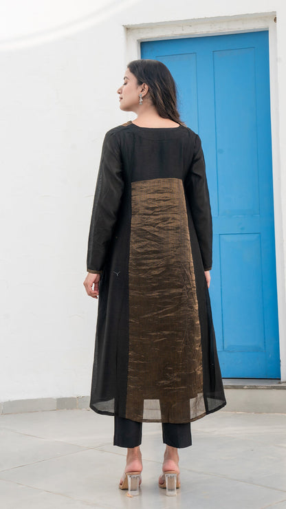 Wamiqa - Black Golden Tissue Chanderi Anarkali Kurta Set