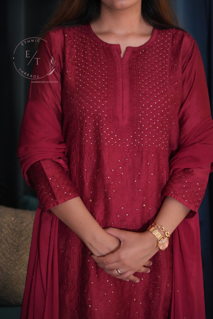 Shama chikankari and mukaish chanderi kurti in Maroon