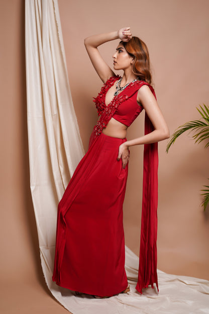 RED PRE-STITCHED DRAPED SAREE