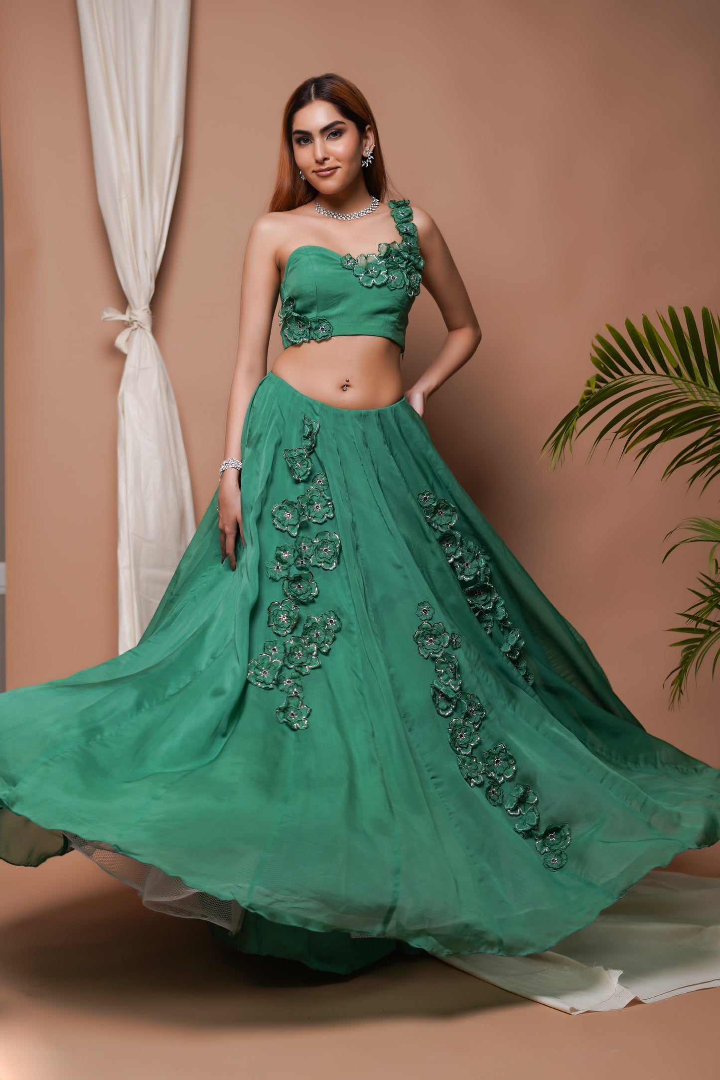 BRIGHT GREEN 3-D ORGANZA INDO LEHENGA SET (SET OF 2)