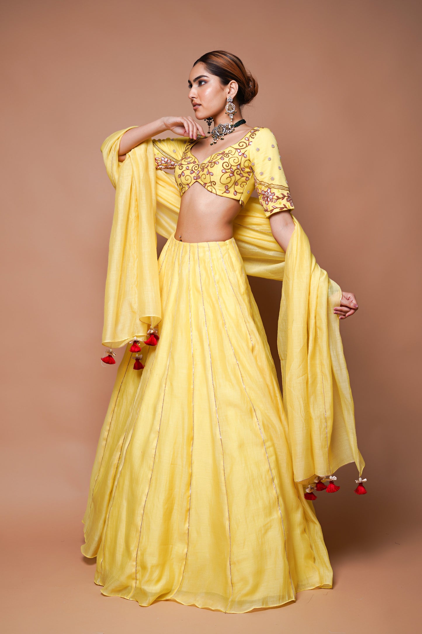 YELLOW CHANDERI LEHENGA SET (SET OF 3)