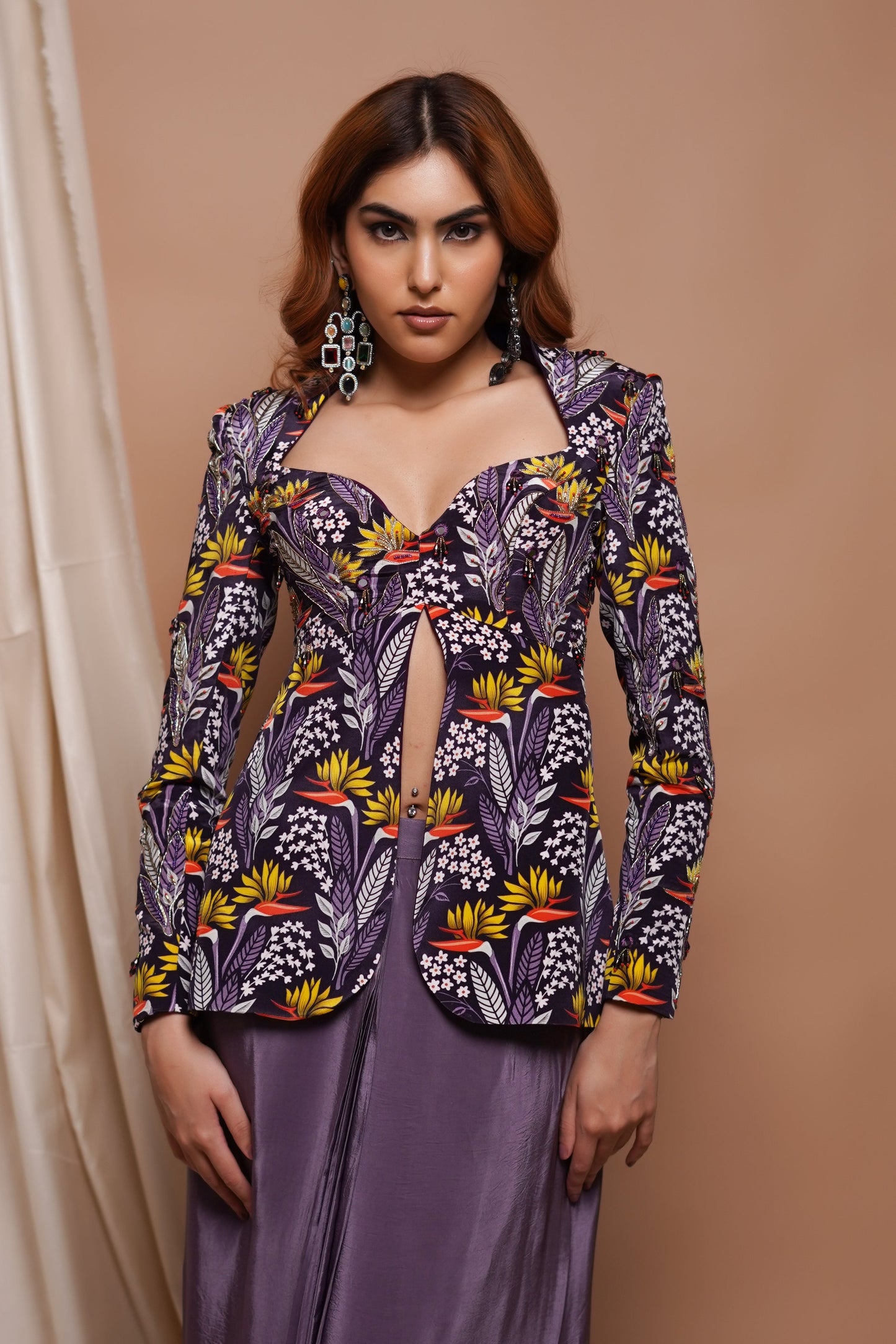 VIOLET DIGITAL PRINTED COAT AND  DRAPE  SKIRT SET  (SET OF 2)