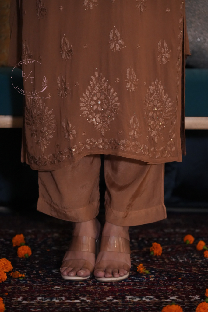 Gulnaaz Chikankari and mukaish 3 pc set in brown