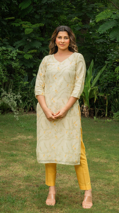 Chahat Mul Chanderi Kurta - Light Lemon