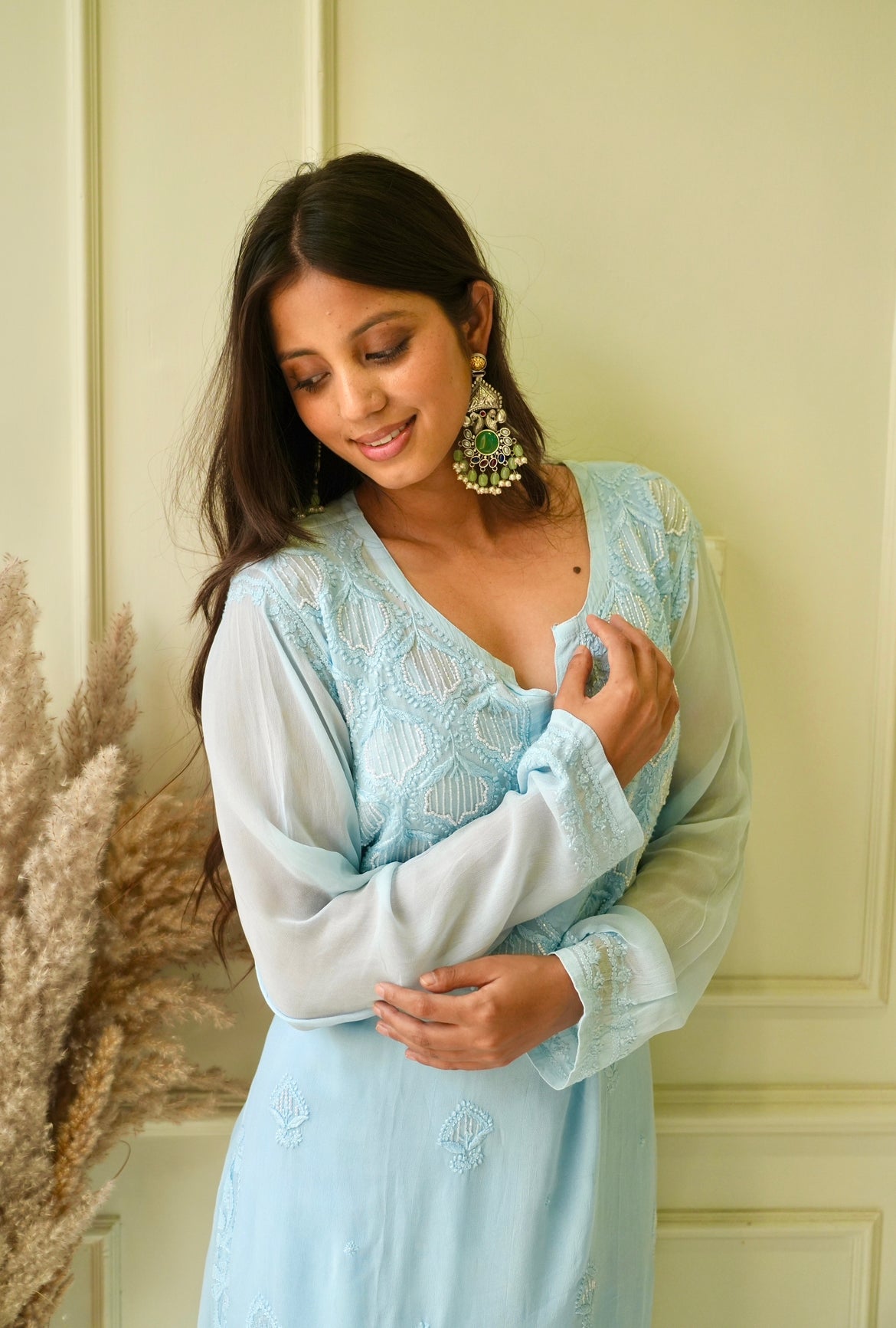 Elizeh chikankari and pearl 3 pc set in Blue