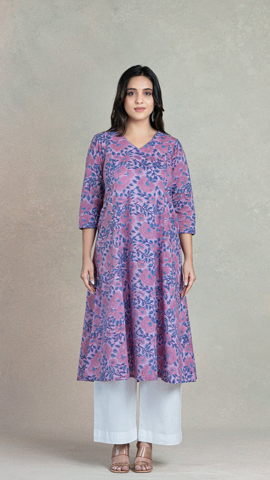 Aadita Sanganeri Hand Block Cotton Kurta - Pink/Purple