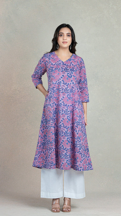 Aadita Sanganeri Hand Block Cotton Kurta - Pink/Purple