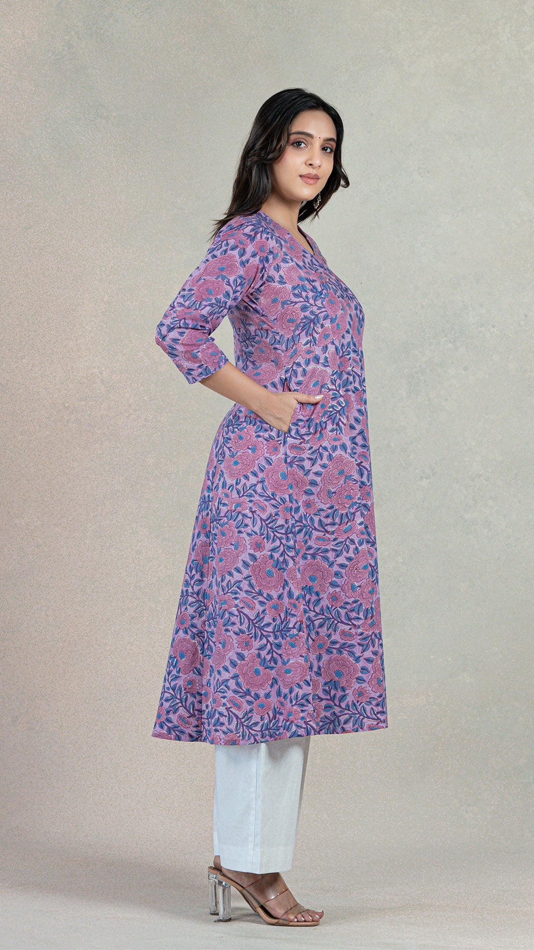 Aadita Sanganeri Hand Block Cotton Kurta - Pink/Purple