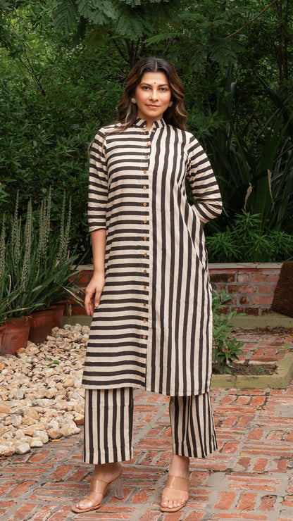 Black Stripes Hand Block Cotton Kurta