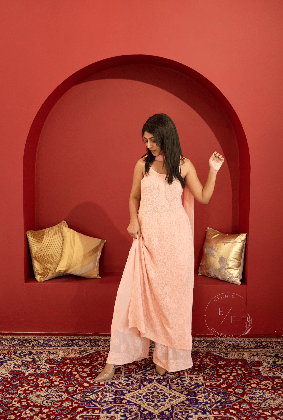 Riva Chikankari noodle strap long kurti in Peach