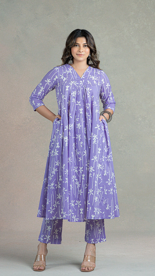 Lavender Lillies Hand Block Cotton Kurta