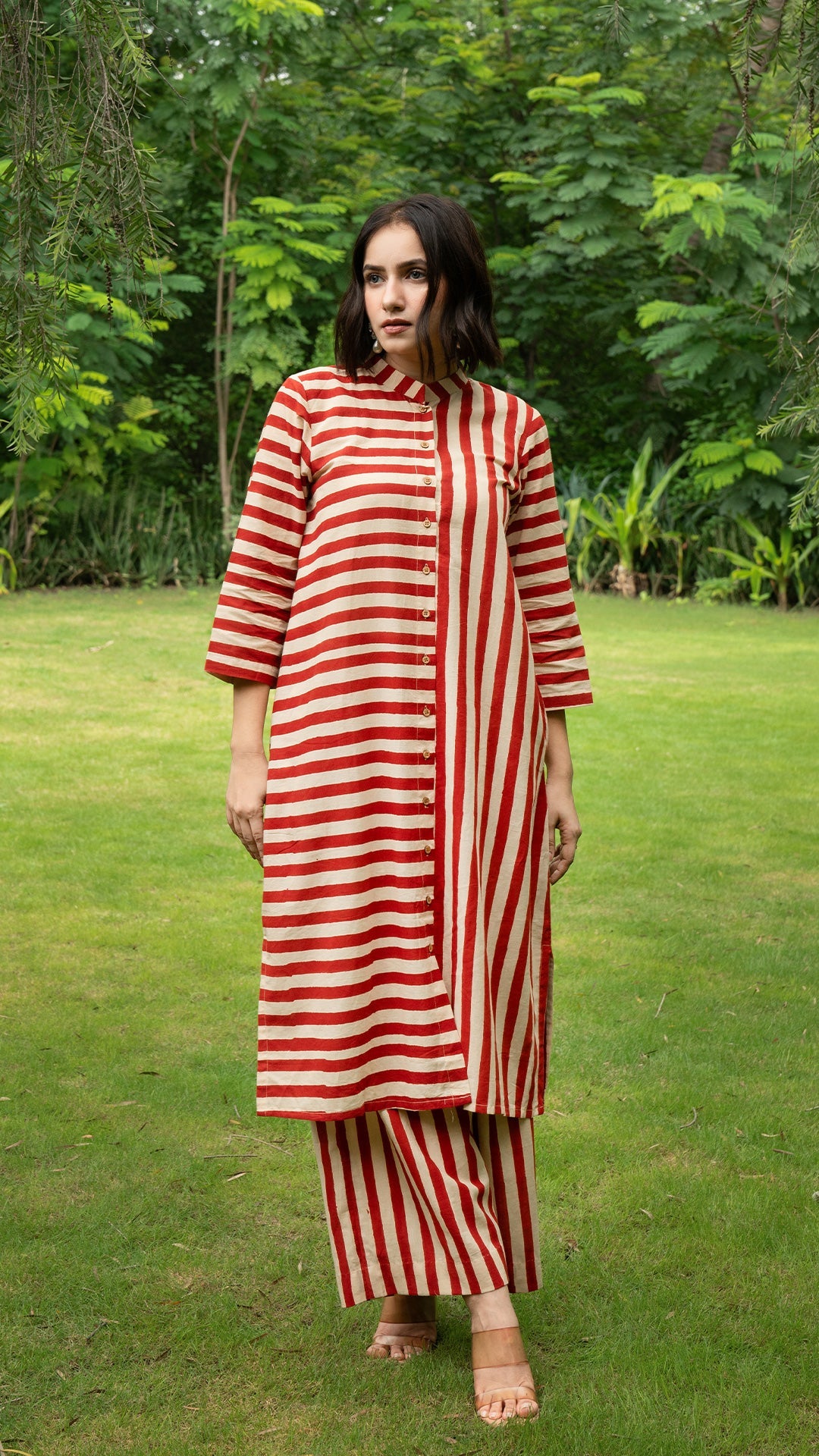 Red Stripes Hand Block Cotton Kurta