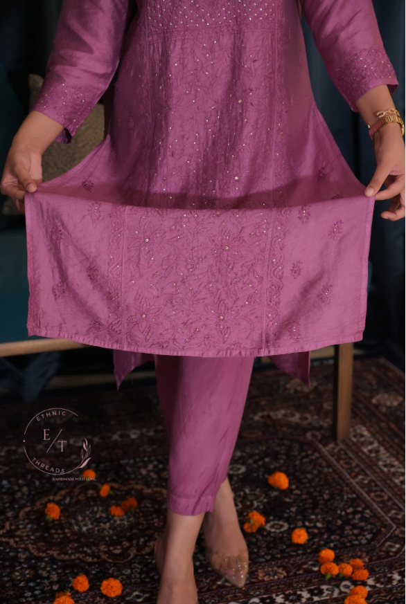 Shama chikankari and mukaish chanderi kurti in purple