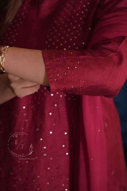 Shama chikankari and mukaish chanderi kurti in Maroon