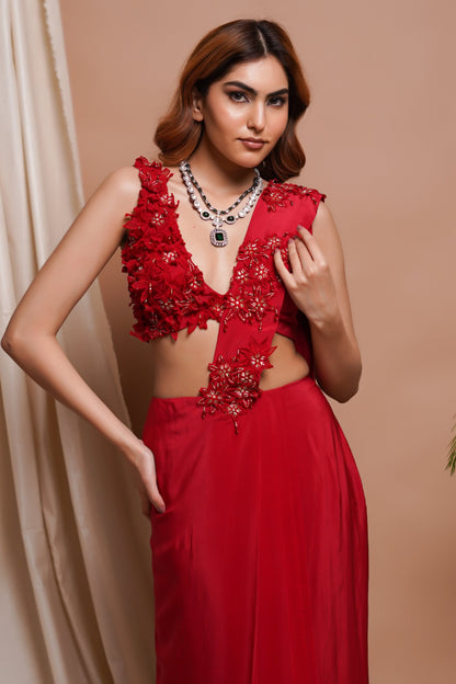 RED PRE-STITCHED DRAPED SAREE