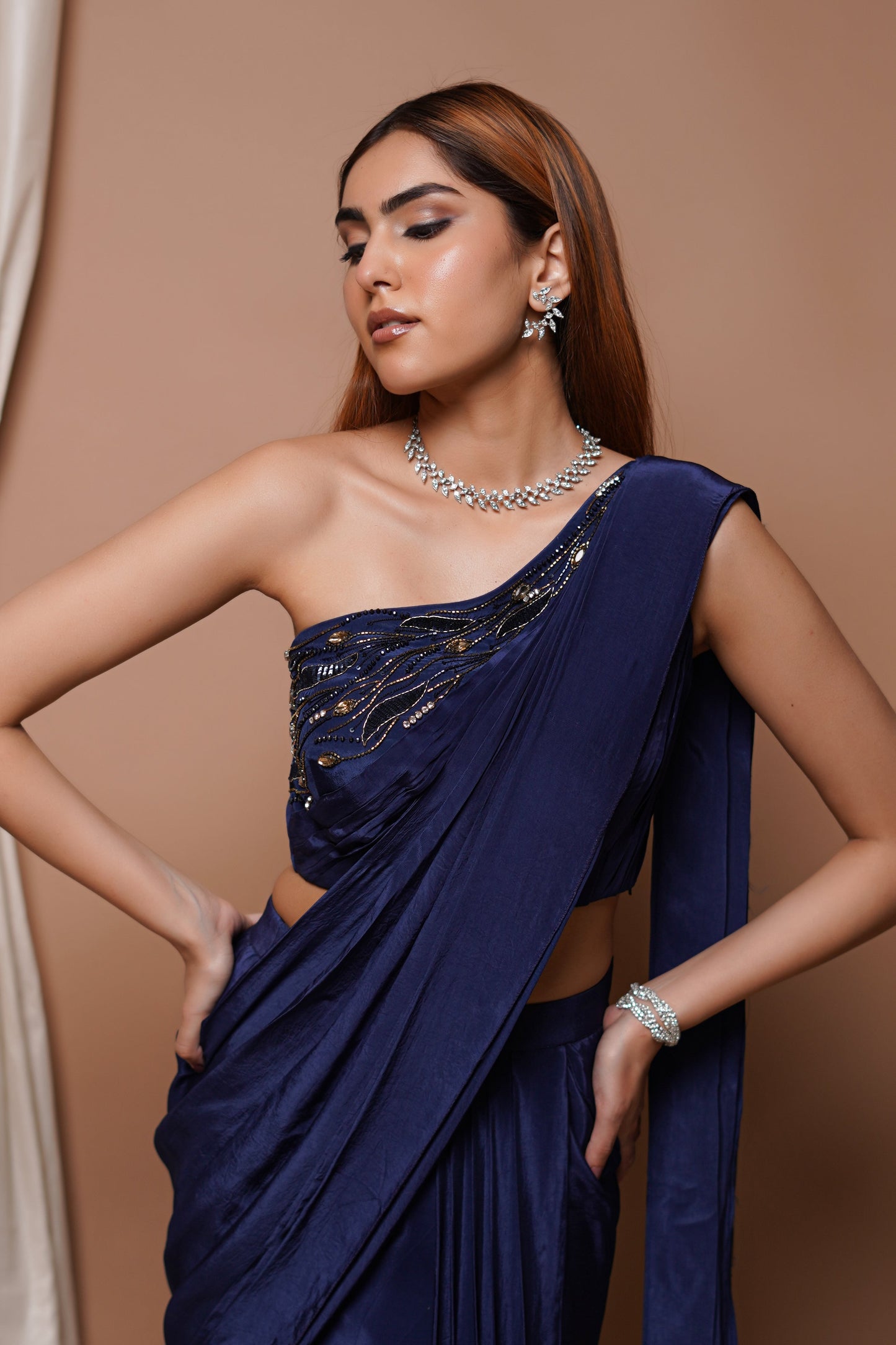 NAVY PRE-STITCHED DRAPED SAREE