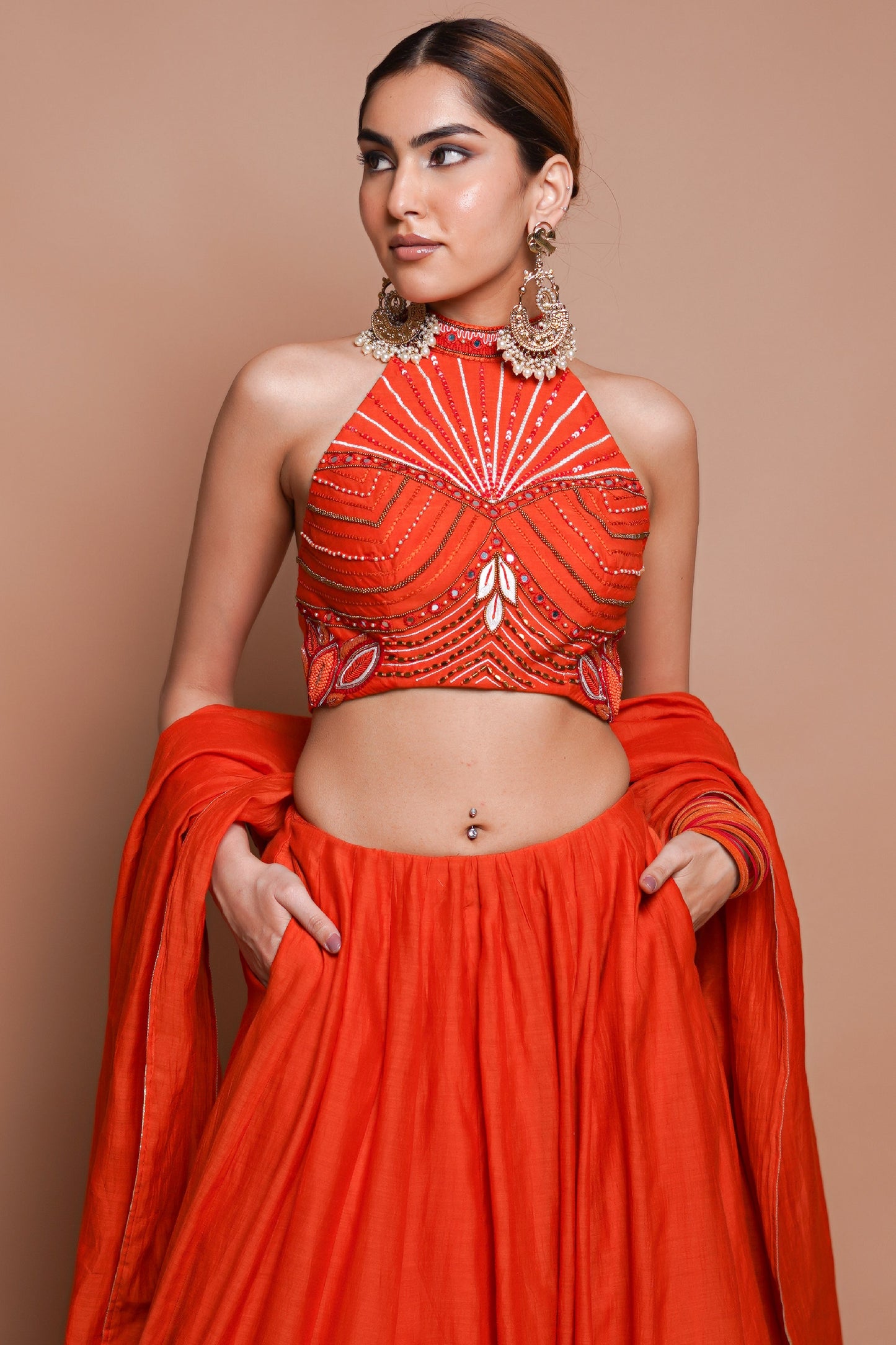 ORANGE CHANDERI LEHENGA SET (SET OF 3)