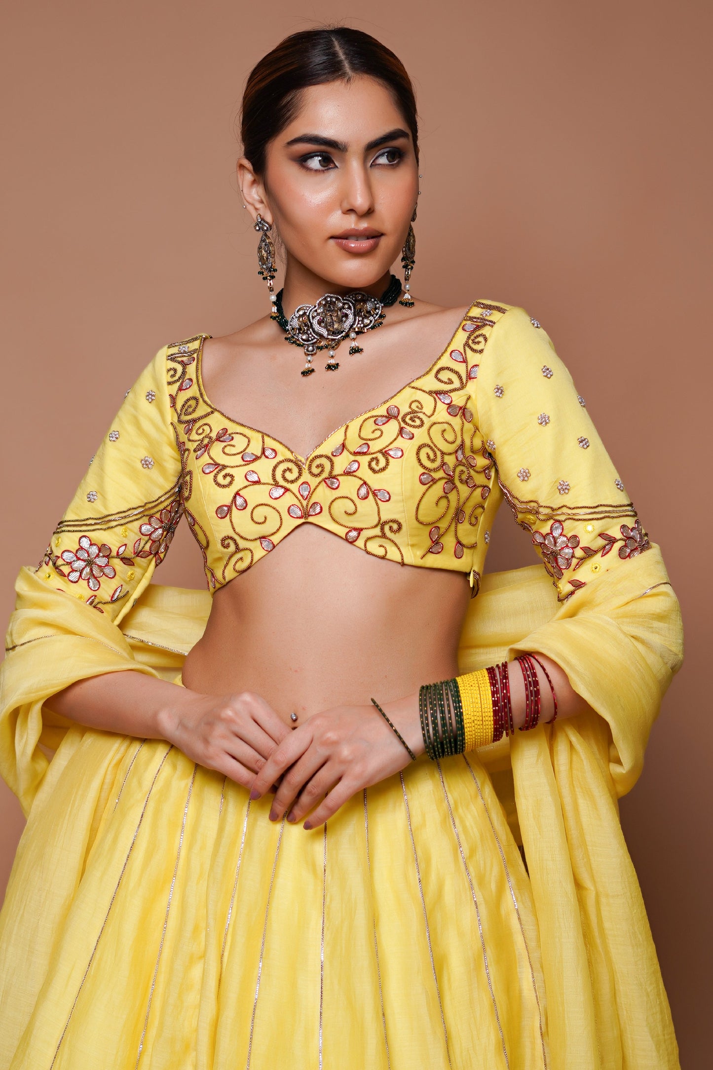 YELLOW CHANDERI LEHENGA SET (SET OF 3)