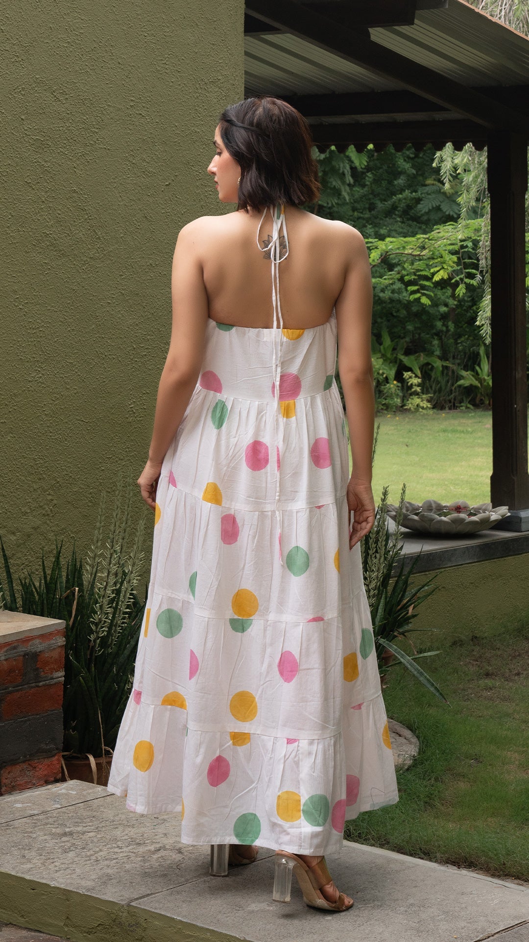 Multi Colour Polka Dots Layered Open Back Cotton Dress