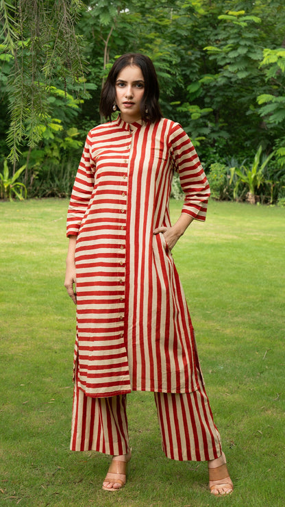 Red Stripes Hand Block Cotton Kurta