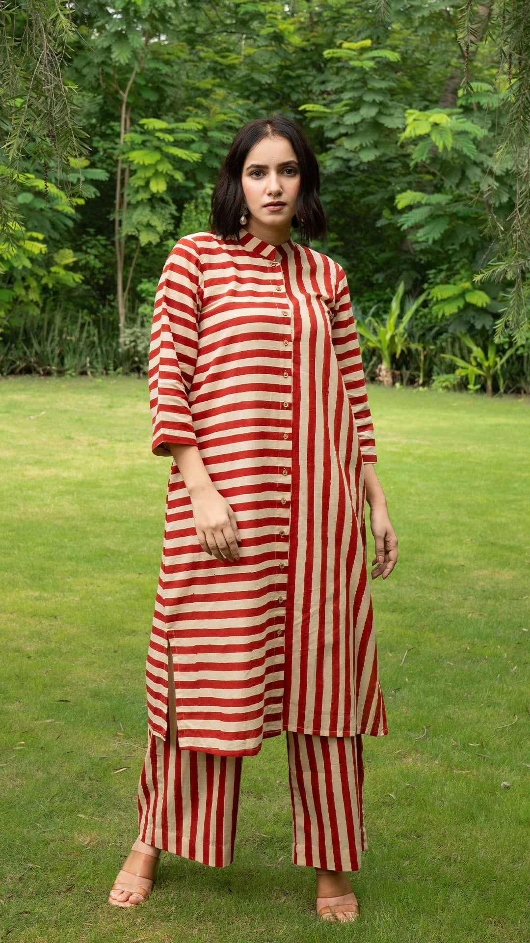 Red Stripes Hand Block Cotton Kurta