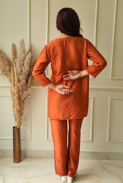 Meher Chikankari co-ord set in Rust