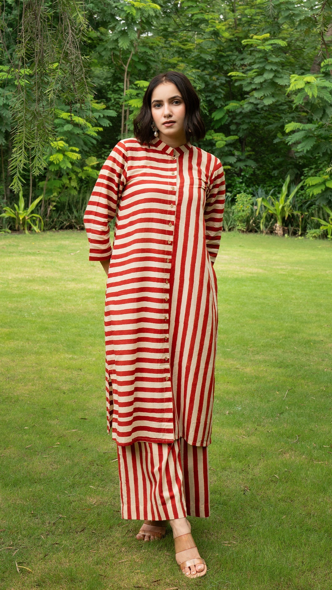 Red Stripes Hand Block Cotton Kurta