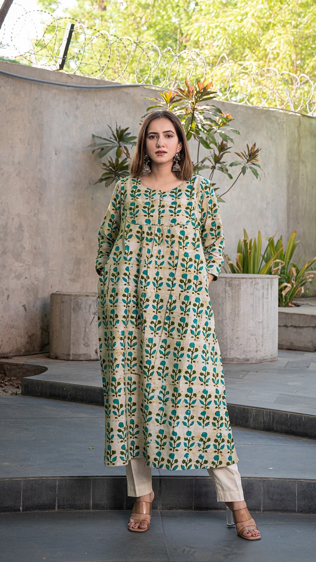 Roma Batik Cotton Kurta - Off White/Green