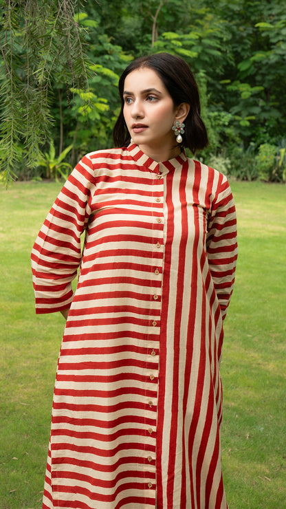 Red Stripes Hand Block Cotton Kurta