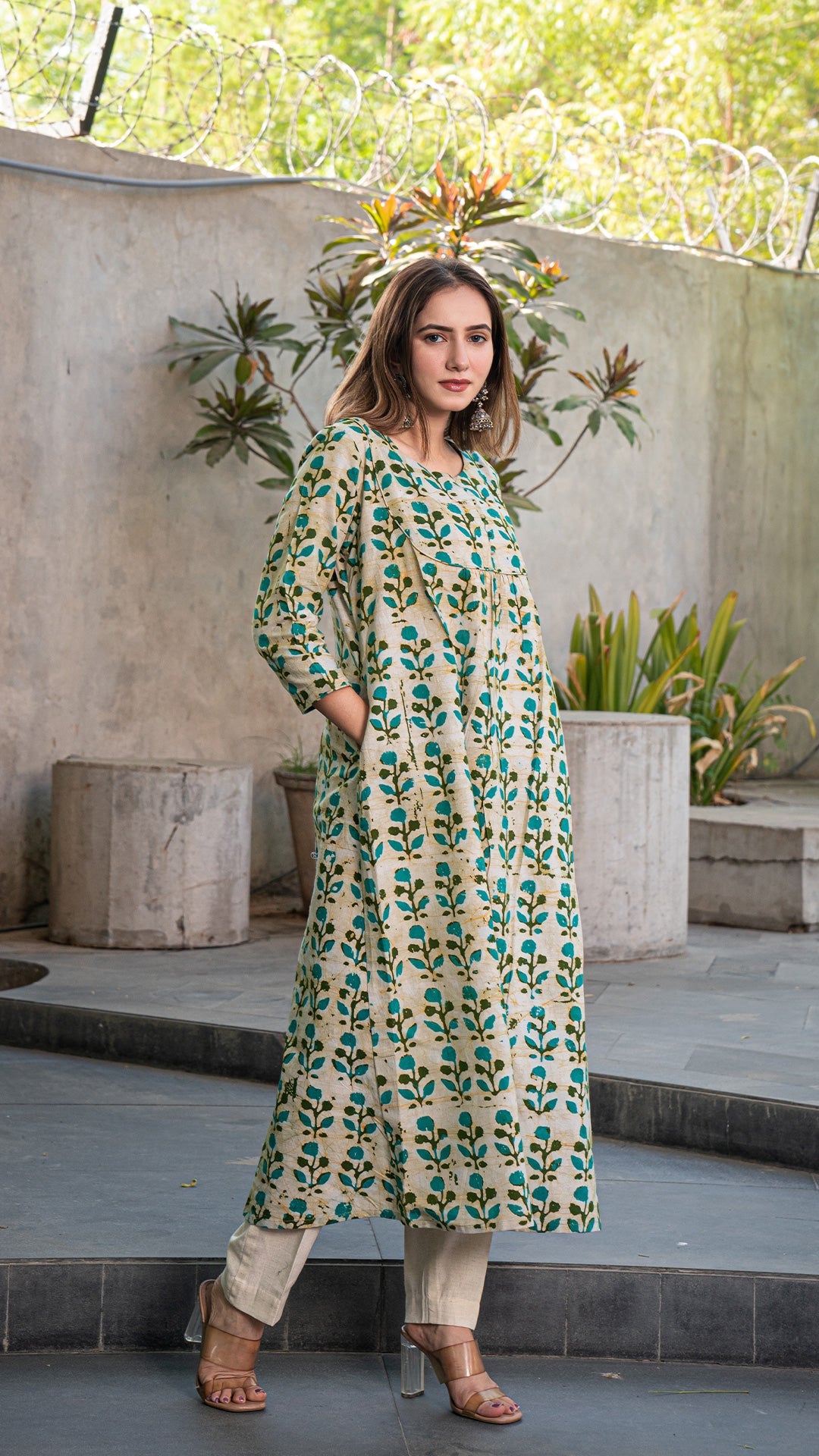 Roma Batik Cotton Kurta - Off White/Green