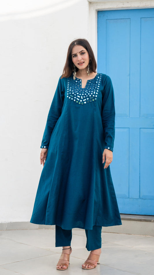 Blue Mirror Embroidered Kurta In Cotton