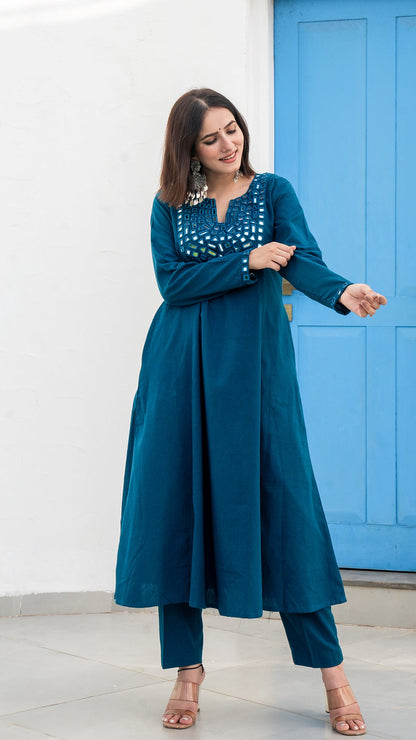 Blue Mirror Embroidered Kurta In Cotton