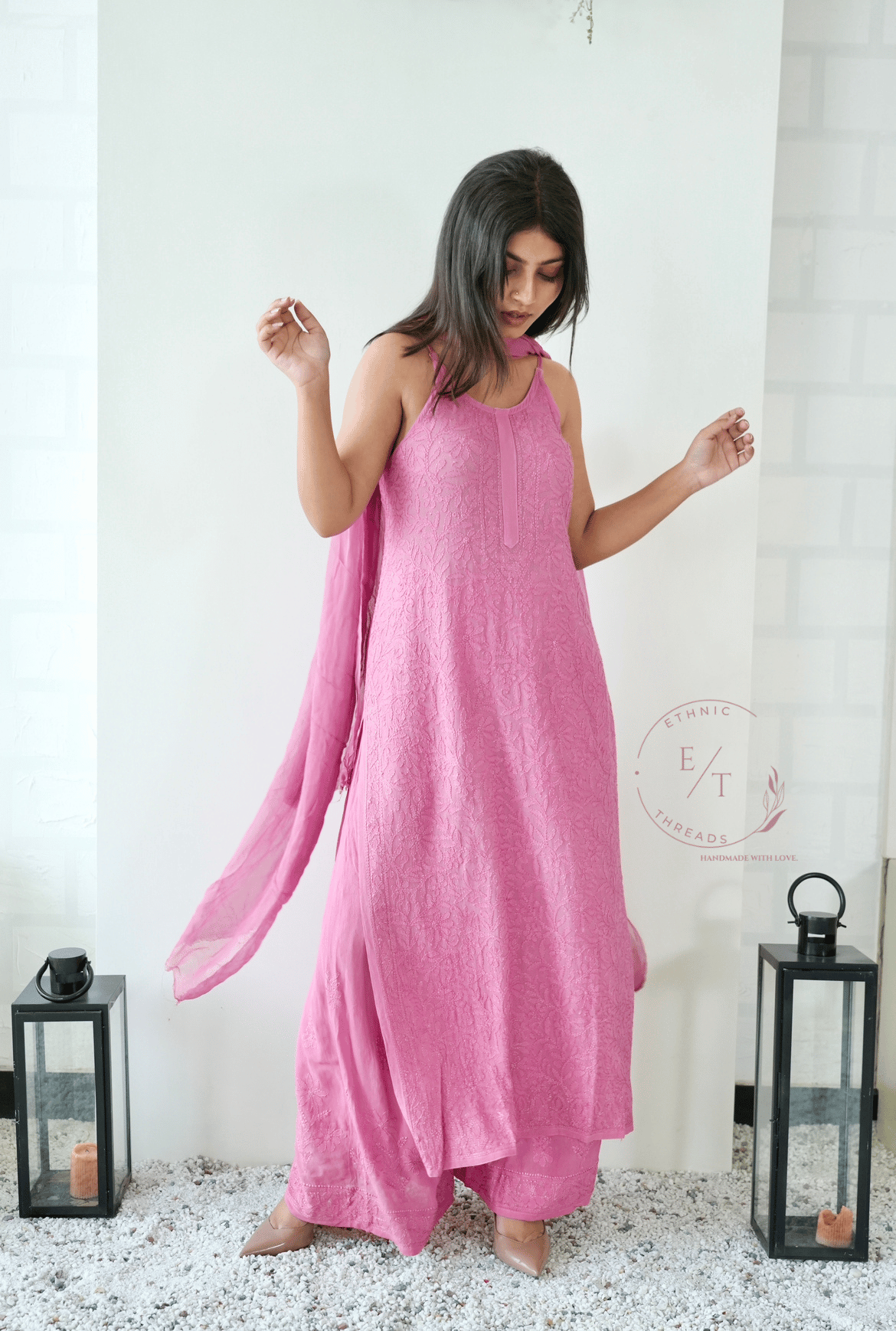 Riva Chikankari noodle strap long kurti in Rose pink