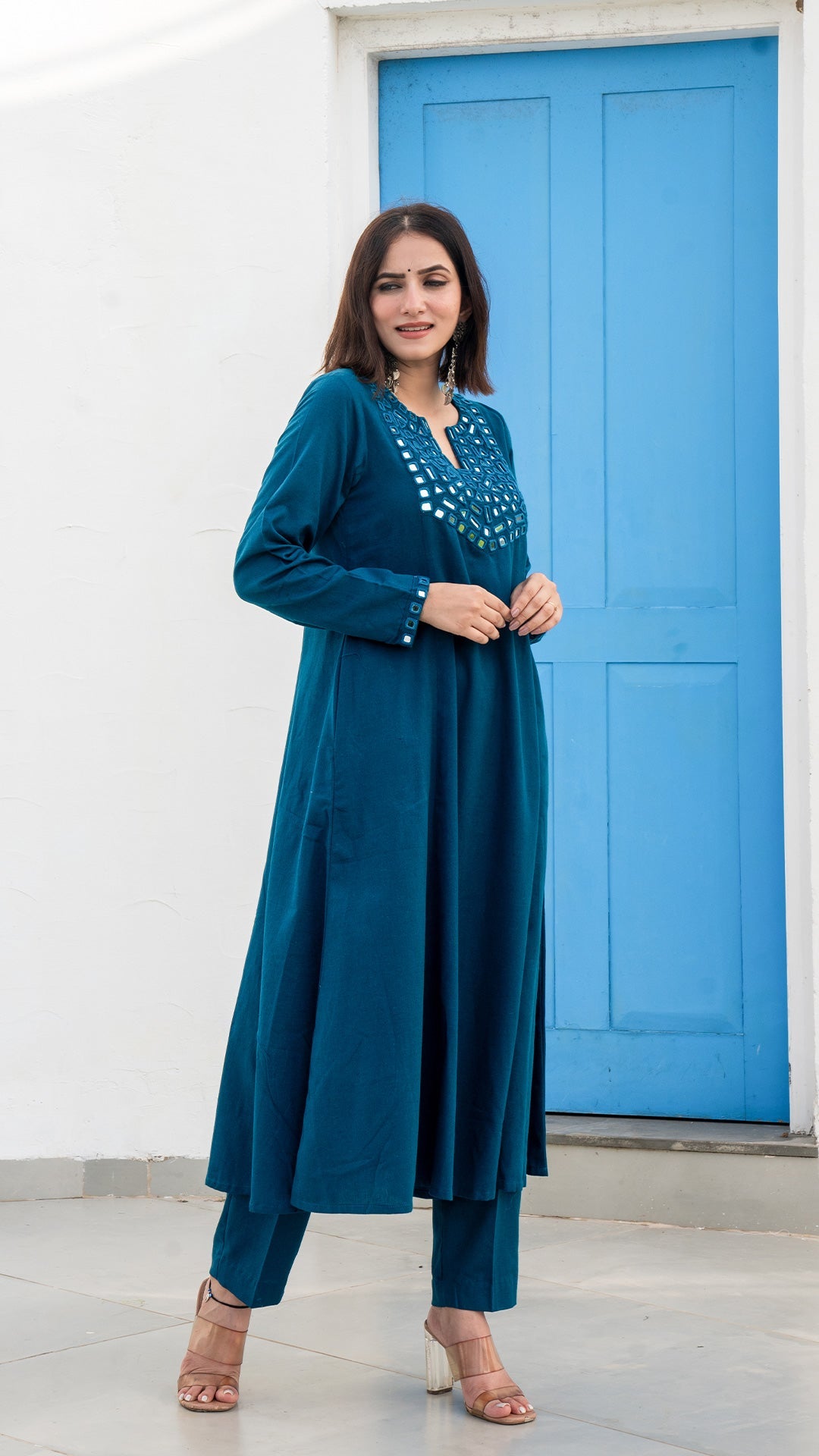 Blue Mirror Embroidered Kurta In Cotton