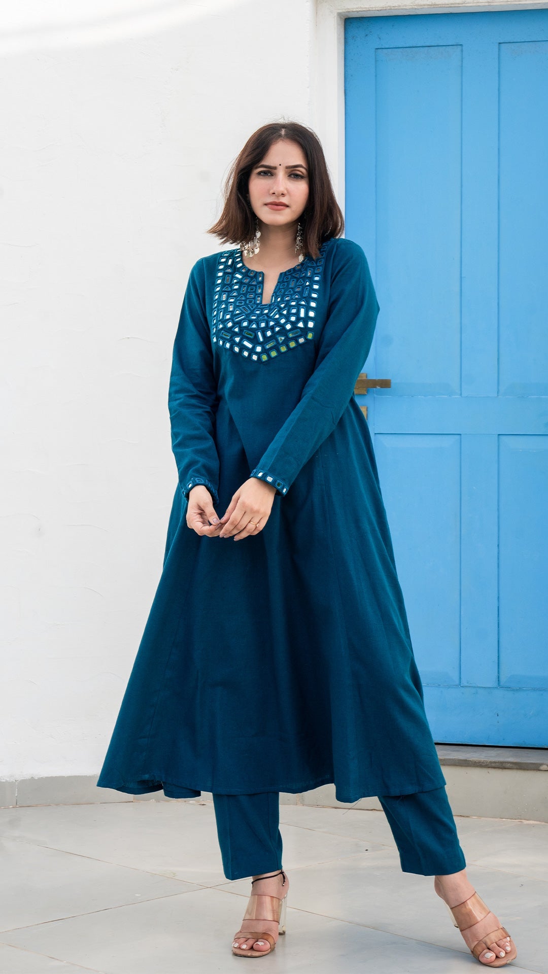 Blue Mirror Embroidered Kurta In Cotton