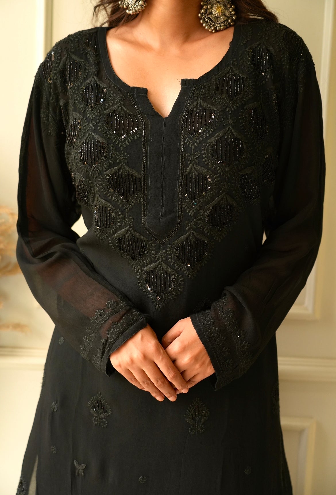 Elizeh chikankari and Cutdana kurti in Black