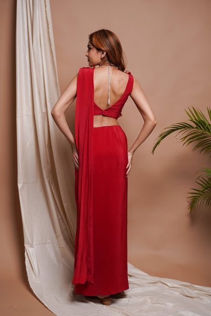 RED PRE-STITCHED DRAPED SAREE