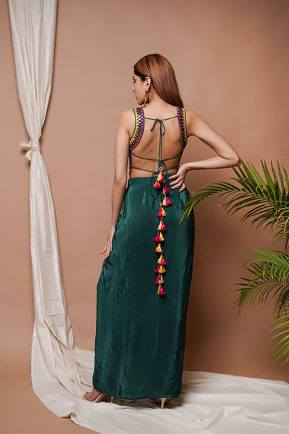 BOTTLE GREEN BACKLESS DRAPE SKIRT SET (SET OF 2)