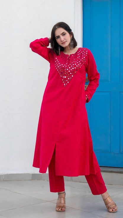 Rani Pink Mirror Embroidered Kurta In Cotton