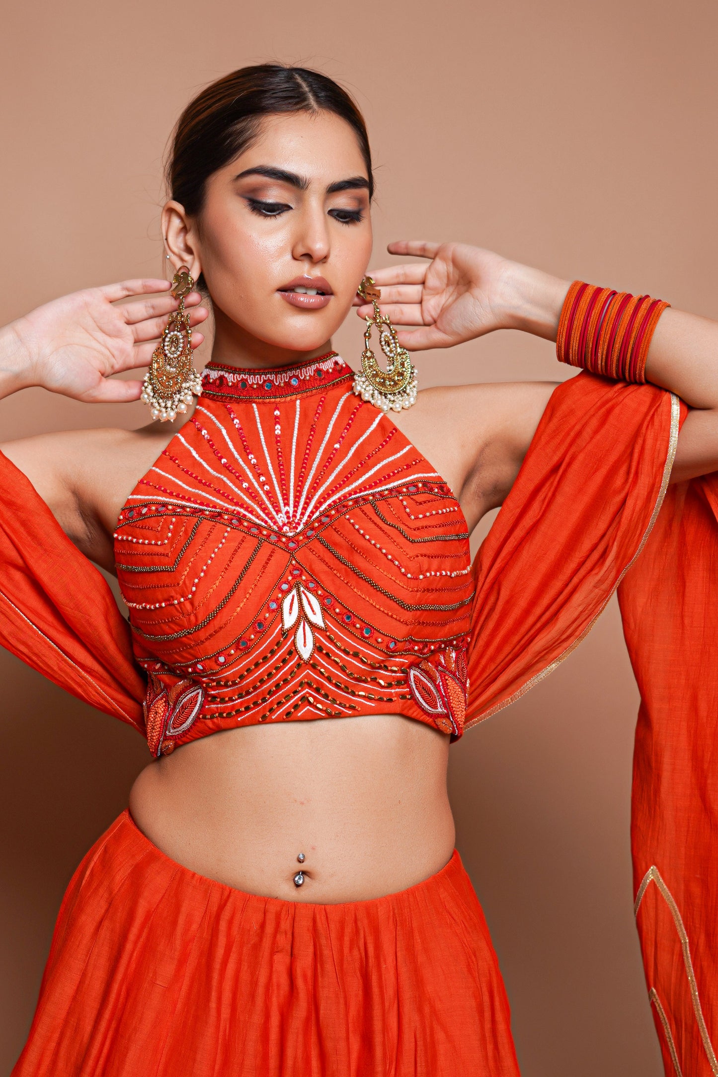 ORANGE CHANDERI LEHENGA SET (SET OF 3)